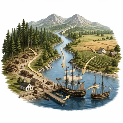 Diagram showing colonial geography with harbor, forests, river, farms, and mountains.