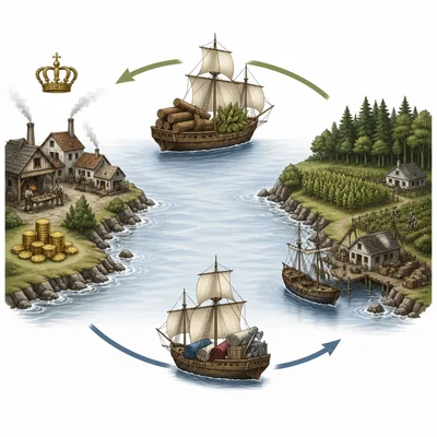 Trade diagram showing ships carrying raw materials and finished goods between Britain and colonies.