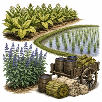 Southern colonial cash crops including tobacco, rice, and indigo prepared for trade.
