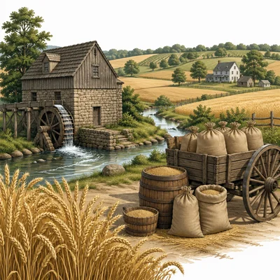 Wheat fields and a gristmill representing the breadbasket colonies.