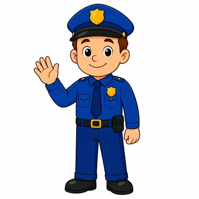 A friendly police officer in a blue uniform waves.