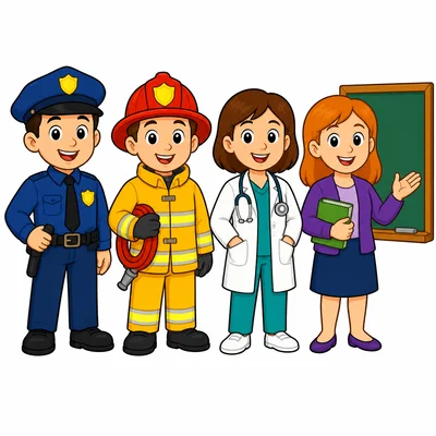 Four community helpers stand together: police officer, firefighter, doctor, and teacher.