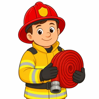 A friendly firefighter holds a fire hose.