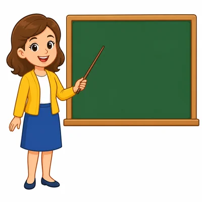 A friendly teacher stands beside a blank chalkboard.