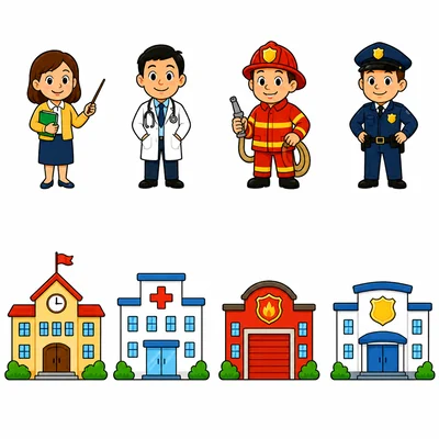 Four community helpers are shown above four workplace buildings.