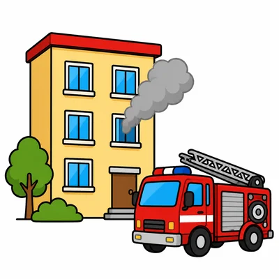 Smoke comes from a building while a fire truck is nearby.