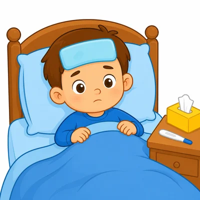 A sick child rests in bed with a cool cloth.