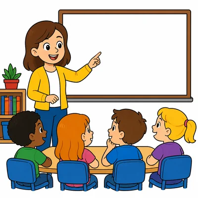 A teacher helps children learn in a classroom.