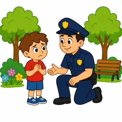 A police officer helps a worried child at a park.