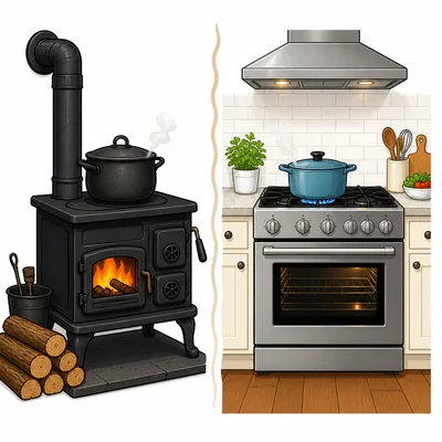 A wood stove with logs beside a modern kitchen stove.
