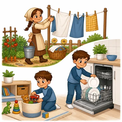 Children doing chores from long ago and chores from today.