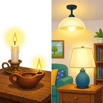 A candle and oil lamp beside modern electric lights.