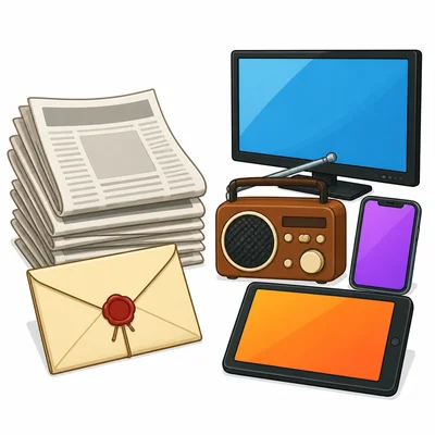 Old and modern ways to share news, including newspapers and devices.