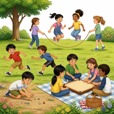 Children playing jump rope, tag, marbles, and a board game.