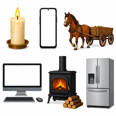 Items to sort: candle, smartphone, horse and wagon, computer, wood stove, and refrigerator.