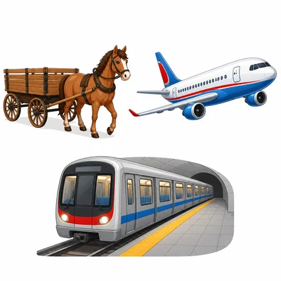 A horse and wagon, an airplane, and a subway train.
