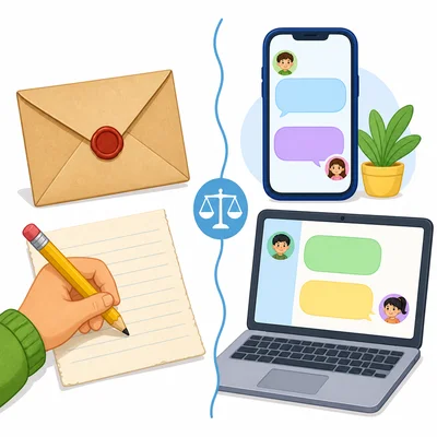 A letter, phone, and laptop showing ways to send messages.