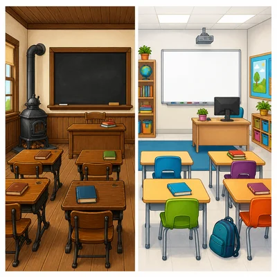 An old classroom and a modern classroom side by side.
