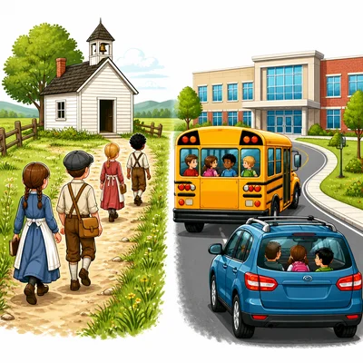 Children walking to an old schoolhouse and riding to a modern school.
