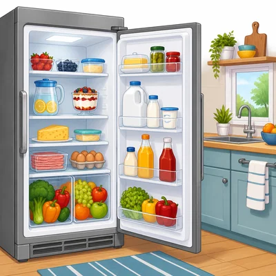 An open refrigerator holding cold food in a modern kitchen.