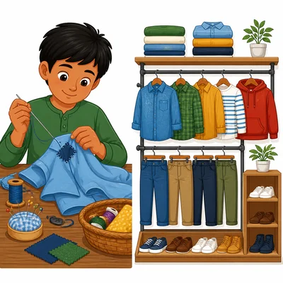 Someone mending clothing by hand beside clothing in a store.
