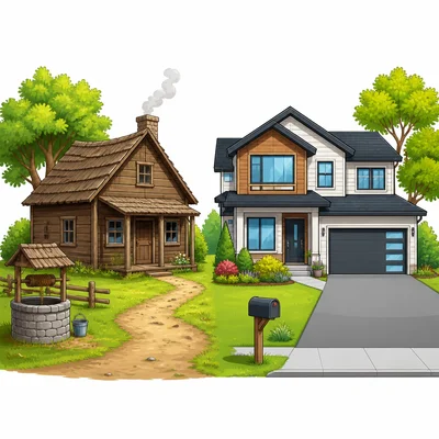 An old-fashioned home next to a modern home.