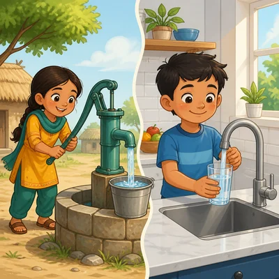 Water from a well or pump beside water from a faucet.