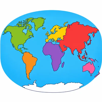 A colorful world map of the continents.