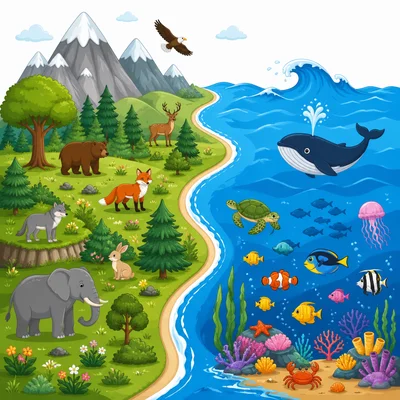 A comparison of land on a continent and water in an ocean.