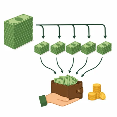 Five equal payment stacks move toward a wallet, with extra coins showing repayment above the loan.