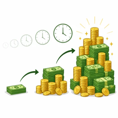 A small payment goes toward a growing pile of money over time, showing interest can add up.