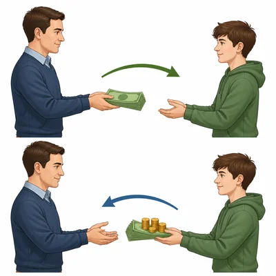 A borrower receives money and later returns it with extra coins to show interest.