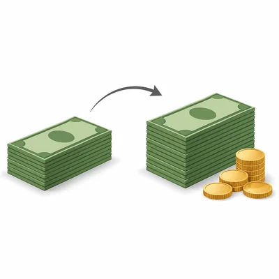 A borrowed money pile becomes a slightly larger repayment pile with extra coins for interest.
