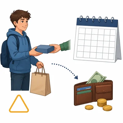 A shopper gets an item now and pays later from a wallet near a blank calendar.