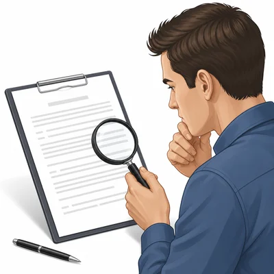 A person uses a magnifying glass to review a blank agreement before signing.