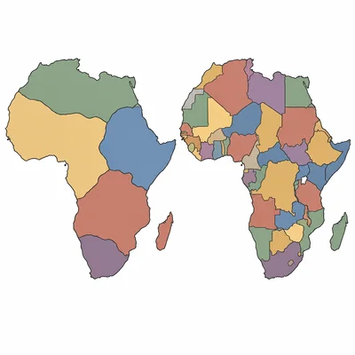Side-by-side maps of Africa showing fewer large colonial regions changing into many independent countries.