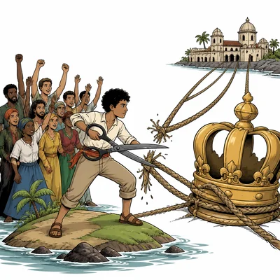 A small country figure cuts ropes connected to an oversized crown while a crowd cheers.