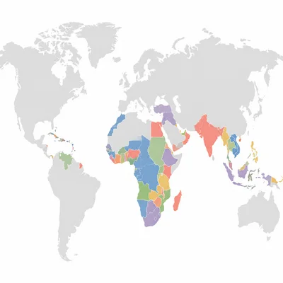 Simplified world map highlighting former colonial regions in Africa, Asia, and other areas.