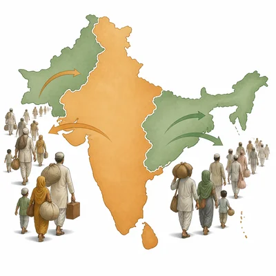Map-like illustration of the Indian subcontinent divided into regions with people migrating in opposite directions.