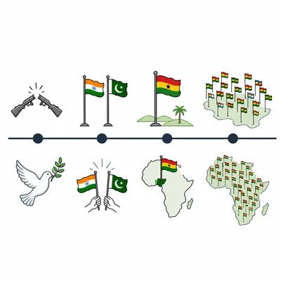 Timeline with four illustrated milestones showing postwar independence events.