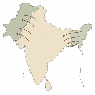 Simplified map of the Indian subcontinent showing partition regions and migration arrows.