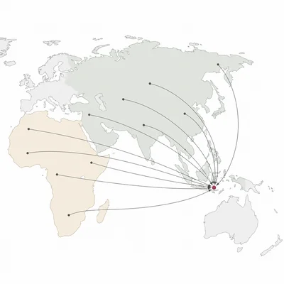 Map highlighting Africa and Asia with connection lines leading to Indonesia.