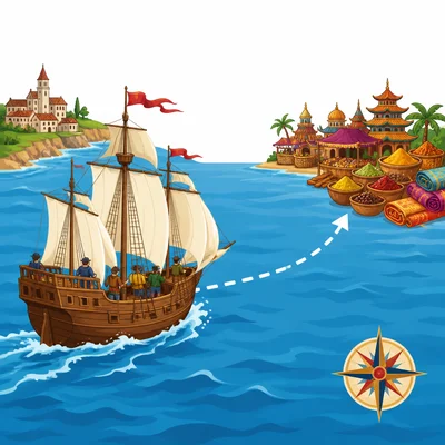 A sailing ship crosses the ocean toward colorful trade goods.
