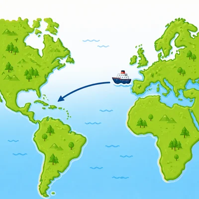 A ship sails west from Europe across the ocean toward the Americas.
