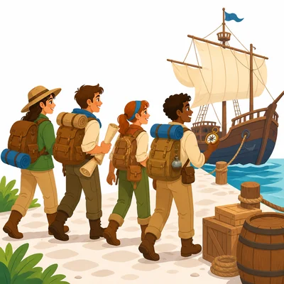 A group prepares for a journey with supplies, a map, and a ship.