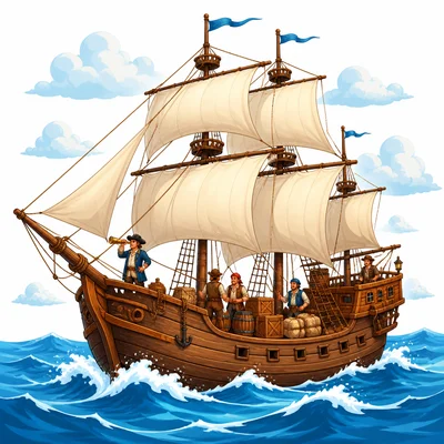 A large sailing ship carries explorers and supplies across the ocean.