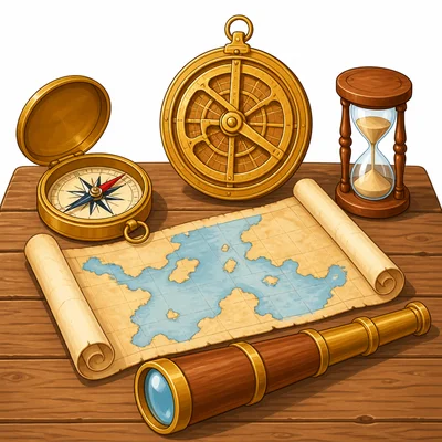 Navigation tools including a compass, astrolabe, map, telescope, and hourglass.