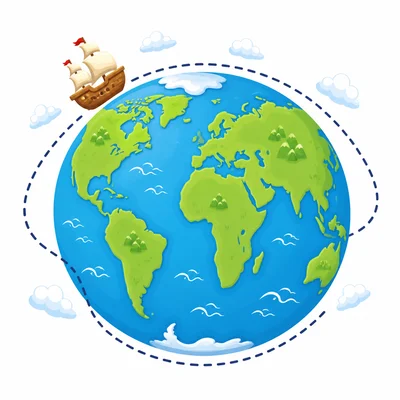 A ship follows a path around the entire globe.