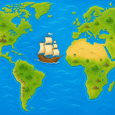 A sailing ship crosses the ocean between Europe and the Americas.