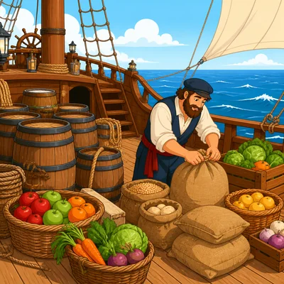 Food sacks and water barrels are stored on a sailing ship.